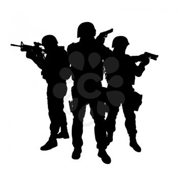 Silhouettes of special weapons and tactics SWAT team in action