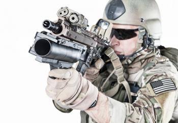 United States Army ranger with assault rifle and grenade launcher