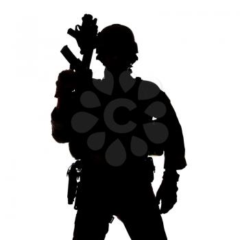 Silhouette of United States Army ranger with assault rifle