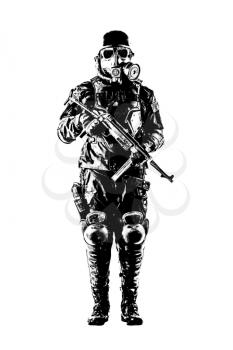 Futuristic nazi soldier gas mask and steel helmet with schmeisser handgun isolated on white studio shot full body portrait