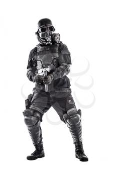 Futuristic nazi soldier gas mask and steel helmet with schmeisser handgun isolated on white studio shot full body portrait