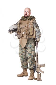Elite member marksman of United States Marine Corps with rifle weapons in uniforms. Military equipment, army helmet, combat boots, tactical gloves. Isolated on white, weapons, army, patriotism concept