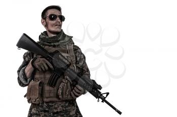 Studio shot of United States Marine with rifle weapons in uniforms. Military equipment, army helmet, combat boots, tactical gloves. Isolated on white, weapons, army, patriotism concept