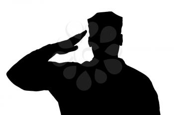Shoulder silhouette of saluting army soldier in utility cover or cap isolated on white background. Troops hand salute ceremonial greeting, showing respect in army, military funeral honors concept