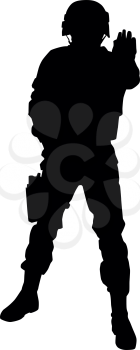 Armed army soldier, special security squad guard, police SWAT officer in uniforms and helmet stretching hand forward and shoving stop hand signal, black vector silhouette isolated on white background