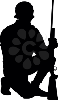Police special forces, SWAT team, anti-terrorist group sniper in helmet, sitting on one knee and holding sniper rifle in hand, black vector silhouette isolated on white background. Hunter with rifle