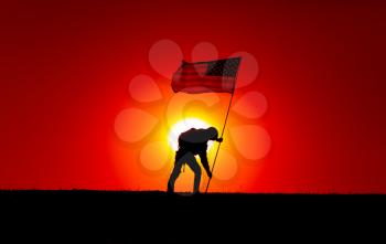 Silhouette of army soldier, United States of America infantryman sticking into ground flagpole with waving USA national flag. Soldiers heroism and victory, military honor and memory of fallen warriors