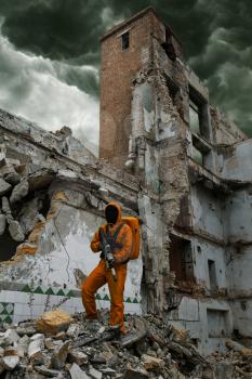 Post apocalypse. Scientist researcher on the ruins of the destroyed city