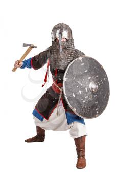 Mongol horde warrior in armour holding traditional axe