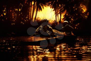 Two special forces operators paddling in the military kayak in the jungle at dawn without drawing attention. Diversionary operation ahead