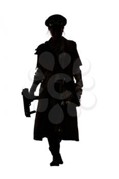 Nuclear post apocalypse life after doomsday concept. Grimy female survivor with homemade weapons. Studio portrait silhouette on white background