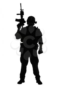United states Marine Corps special operations command Marsoc raider with weapon. Silhouette of of Marine Special Operator white background full body
