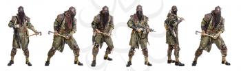 Set of nuclear post apocalypse survivors with homemade weapons and cold steel on white background. Life after doomsday concept