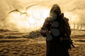 Nuclear post apocalypse. Life after doomsday concept. Grimy survivor with homemade weapons and gas mask. Desert and dead wasteland on the background