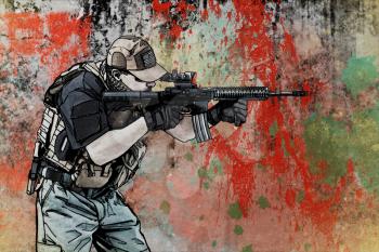 Private military contractor PMC. A hand drawn image in the comic book style