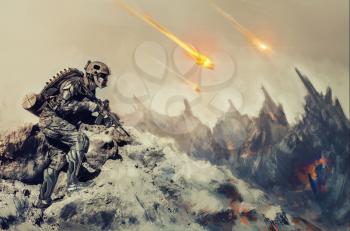Futuristic mechanical soldier in action on an alien planet