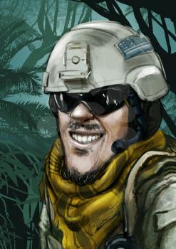 Funny hand drawn illustration cartoon. Army special forces soldier face in the jungle smiling