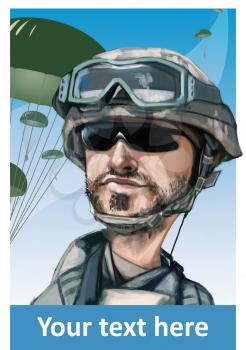 Funny hand drawn illustration cartoon. United States paratrooper airborne infantryman smiling face. Parachutes on background