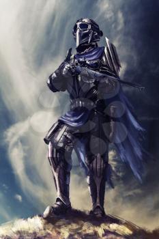 Futuristic armored warrior with weapons on the pinnacle 