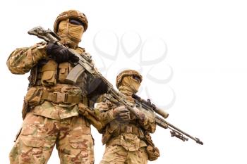 Two equipped special forces soldiers with rifles isolated on white background, space for text