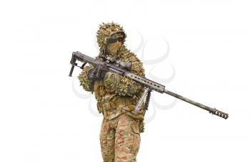 Sniper with sniper rifle isolated on white background