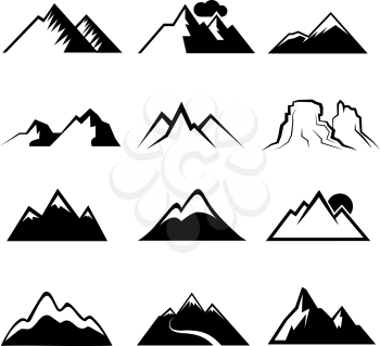 Monochrome mountain vector icons. Snowy mountains signs or mountains peaks vector symbols