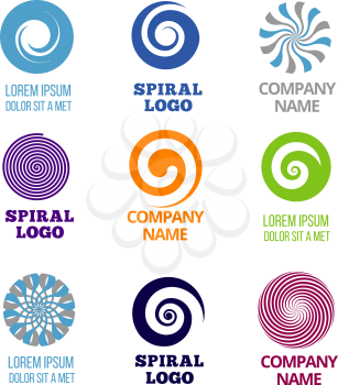 Spiral and swirl logos vector set. Company name spiral label, badge logo spiral color, emblem color business logo, spiral or swirl cyclic illustration
