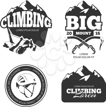 Vintage mountain climbing logo set. Mountain rock climbing labels and climbing sport activity badges vector