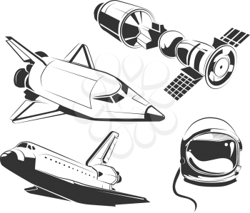 Vector elements for vintage space, astronaut labels and emblems. Rocket shuttle, flight shuttle ship, icon spaceship, shuttle illustration