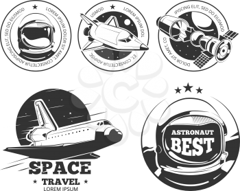 Astronautics logo set.  Rocket space labels, astronaut badges and space travel emblems
