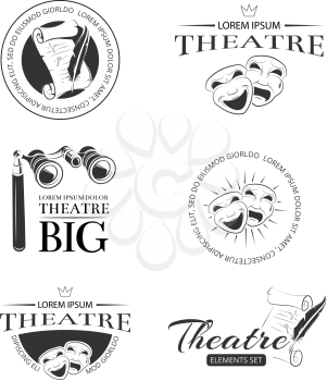 Theater acting entertainment performance vector retro labels, emblems, badges and logo. Emblem logo for theatre, comedy theatre logo, scenario paper theatre performance theatre logotype illustration