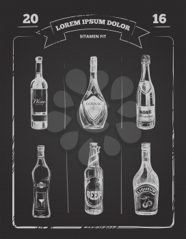 Drinks menu on chalkboard in hand drawn style. Alcohol drink menu, design alcohol on blackboard drawing, alcohol vector illustration