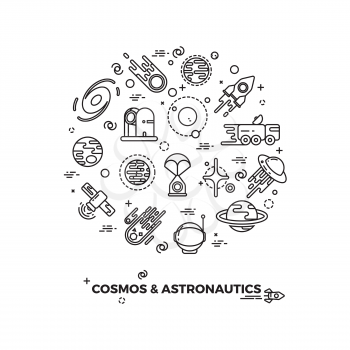 Planets, space and rocket vector icons. Comet and asteroid in space, travel flight space cosmic illustration