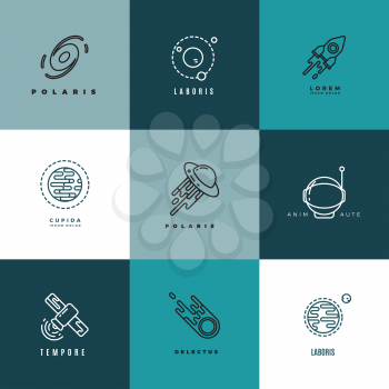 Universe and astronomy thin line vector icons and logos set. Shuttle and astronomy label, technology astronomy logo, sputnik astronomy logotype illustration