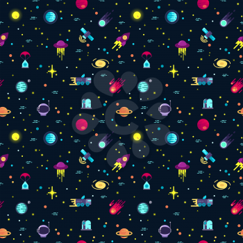 Space vector seamless pattern with planets and spaceships. Spaceship and planet pattern, moonwalker and asteroid backdrop