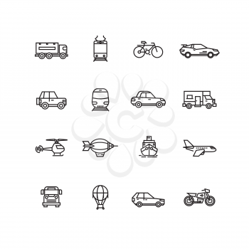 Transport line icons vector set. Transport illustration bus and car for travel, lorry airplane and bicycle transport collection illustration