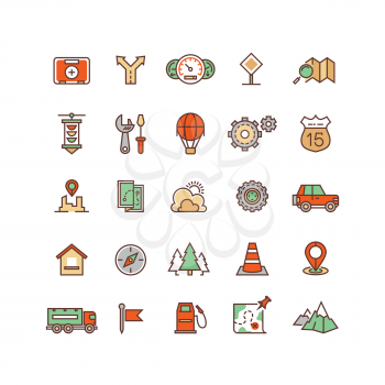 Location and travelling flat vector icons. Adventure car road icon,  traffic car suv, drive car route illustration