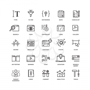 Seo and development line thin vector icons. Collection of seo development icon. Web technology for internet seo illustration
