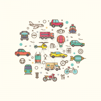Vehicle and transport icons in circle design. Transportation vector concept with thin line style icons. Vehicle transport composition, bicycle lorry and bus for road travel transport illustration