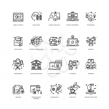 Video tutorials, training courses, online education vector line icons set. Education concept training and education science illustration