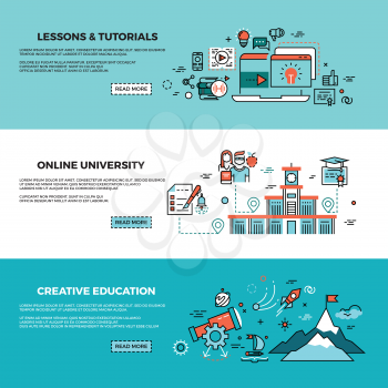 Online education, on-line training courses, staff training, web tutorials vector banners set. Online knowledge teaching, study online page, online course illustration