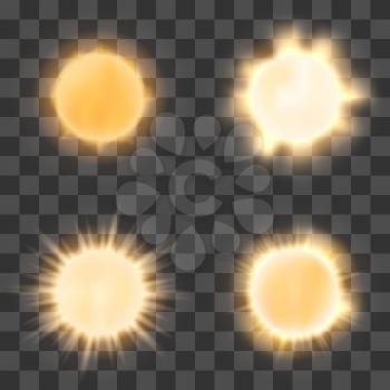 Realistic sun on transparent background. Vector sun shine or bright sun icons on checkered background