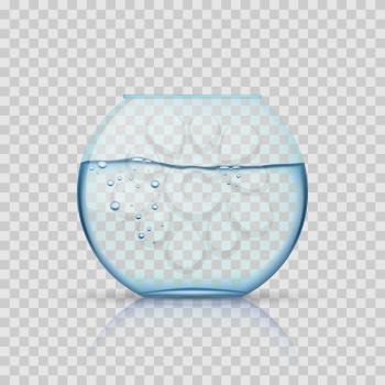 Realistic glass fishbowl, aquarium with water on transparent background. Glass aquarium, aquarium bowl for fish or aquarium with liquid transparent. Vector illustration