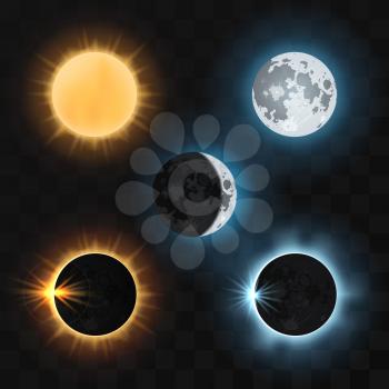Sun and moon and sun and moon eclipses. Sun eclipse, moon eclipse, dark eclipse sun or moon, nature eclipse sun and moon. Vector illustration