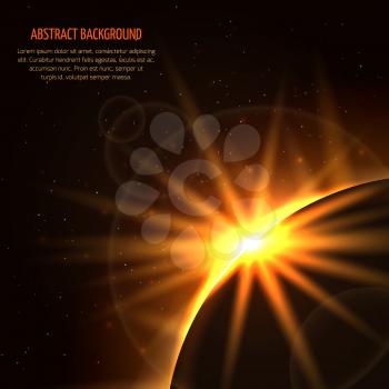 Sunrise vector space background. Planet and sunrise star, light sunrise in universe illustration