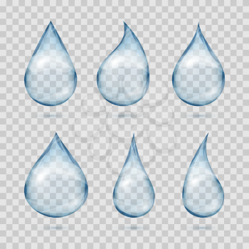 Falling transparent water drops. Water dew drops or rain drops on plaid background vector set