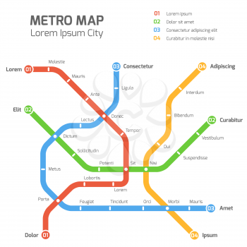 Subway vector map template. City metro transportation scheme. Information metro map, station metro map, underground metro illustration