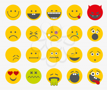 Emoticons, emoji, smiley flat vector icons. Scream and sadness, bored and funny smiley set