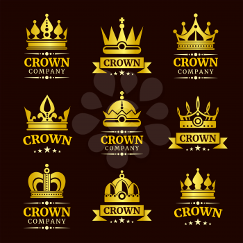 Luxury crown logo and crown monogram set. Gold crowns with text vector