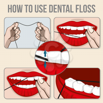 Flossing teeth vector infographics. Hygiene flossing tooth, medicine dental flossing and oral care vector illustration